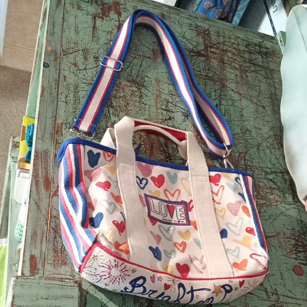 Brighton Love Heart Print Canvas Small Tote with Blue and Red Heart Accents